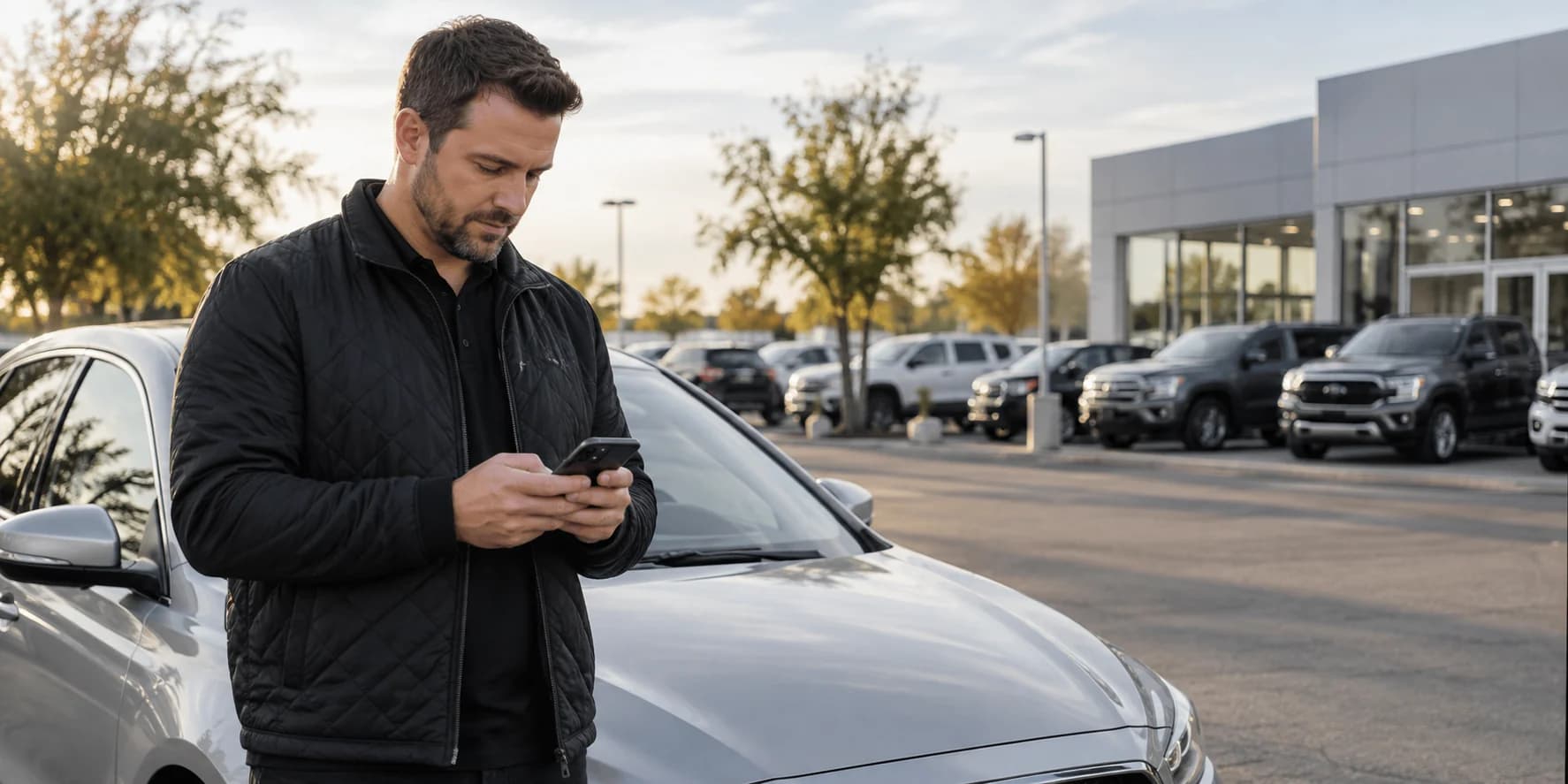 Dealer checking vehicle details on a phone while walking the lot
