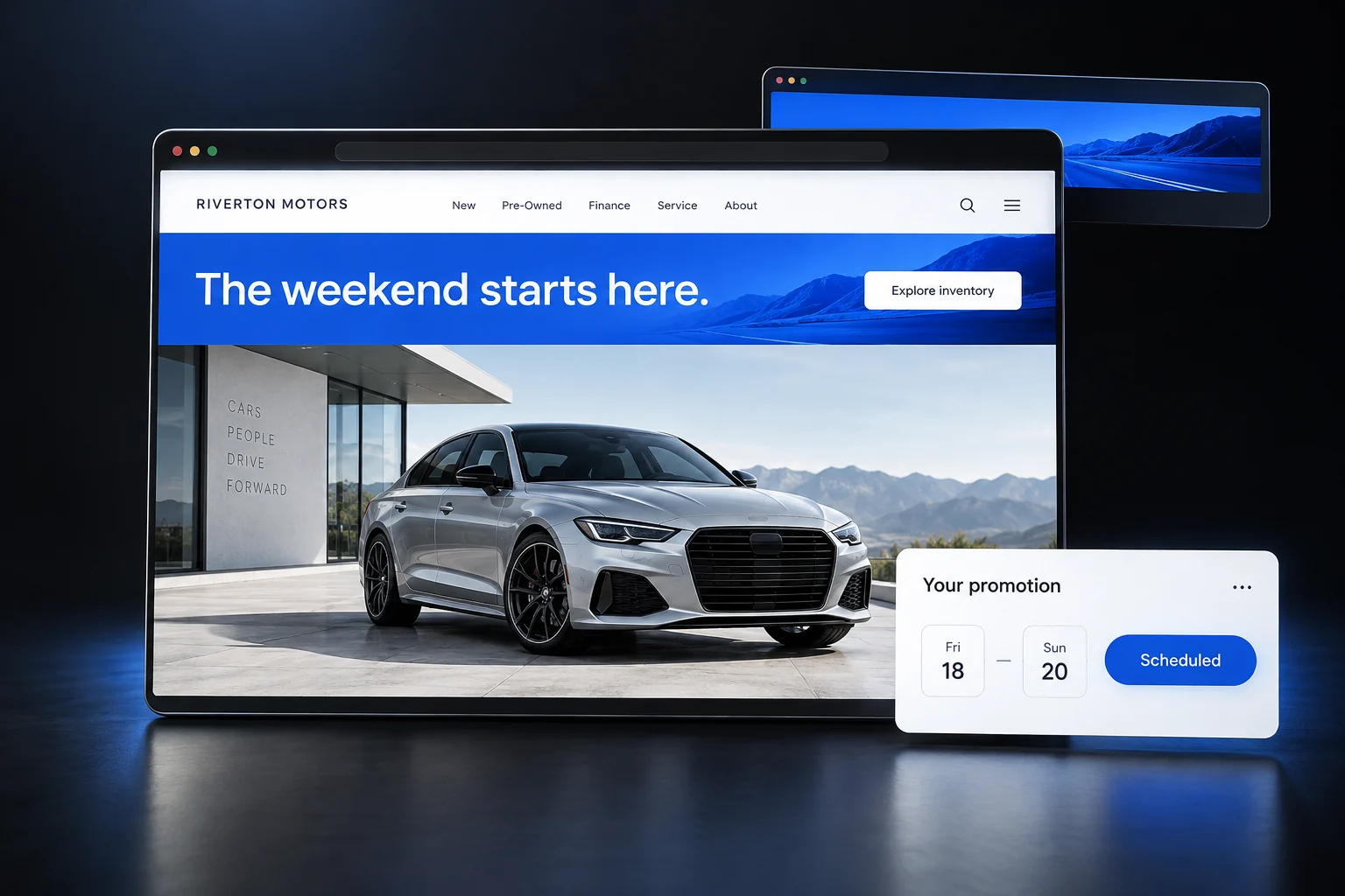 Concept illustration of a blue weekend promotion on a dealership website, with a panel for scheduling its dates.