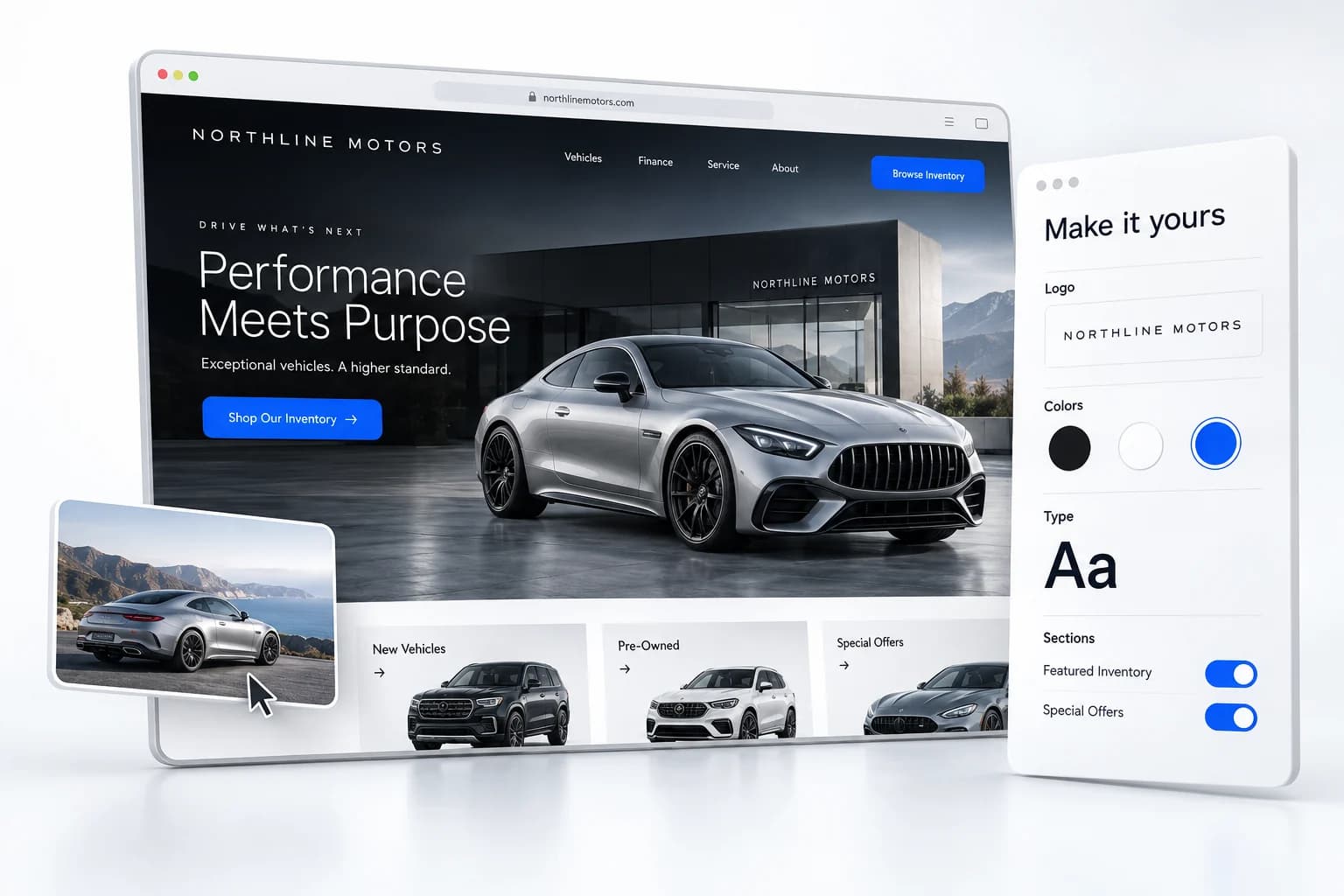 Concept illustration of a dealership website beside controls for its logo, colors, typography, and page sections.