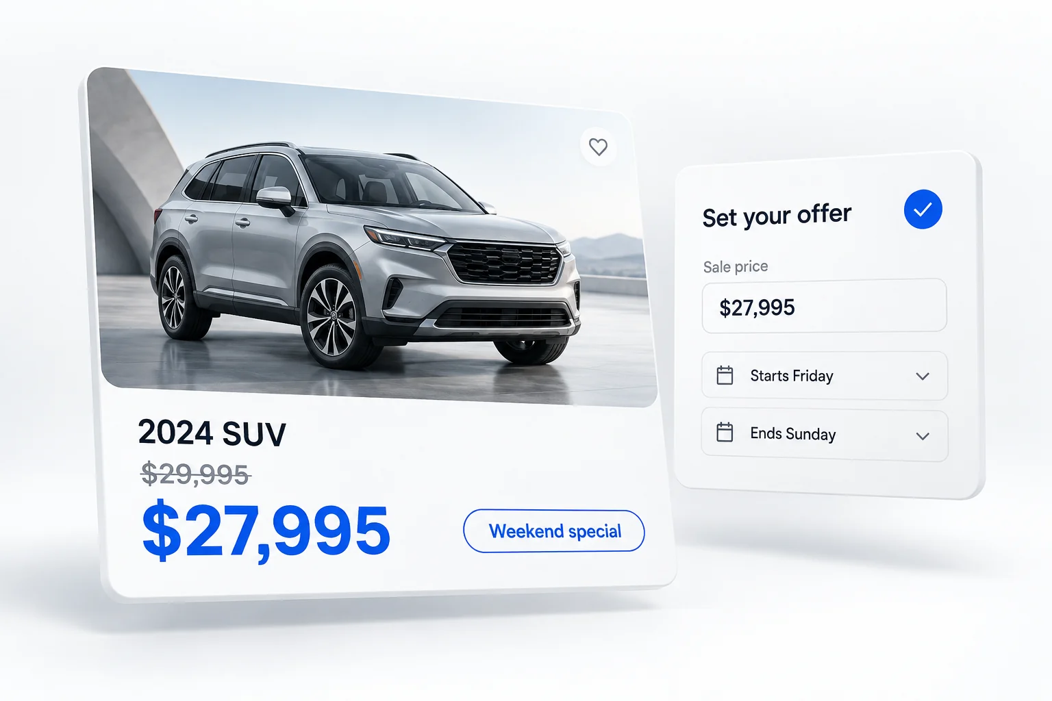 Concept illustration of a vehicle promotion showing an original price of $29,995 and a scheduled sale price of $27,995.