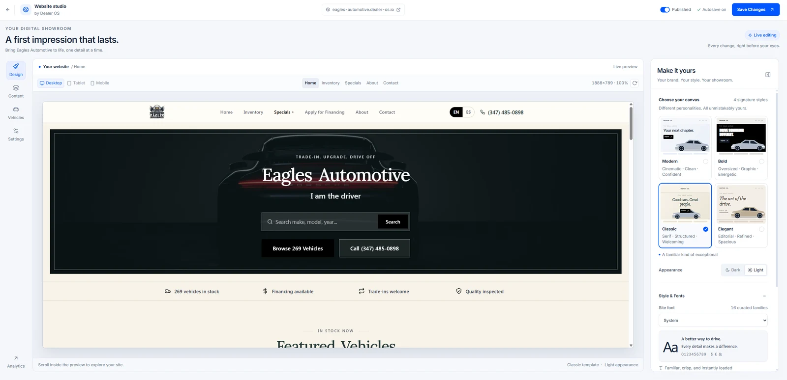 Dealer OS Website studio showing the Eagles Automotive website, four template choices, light and dark appearance, and font controls.