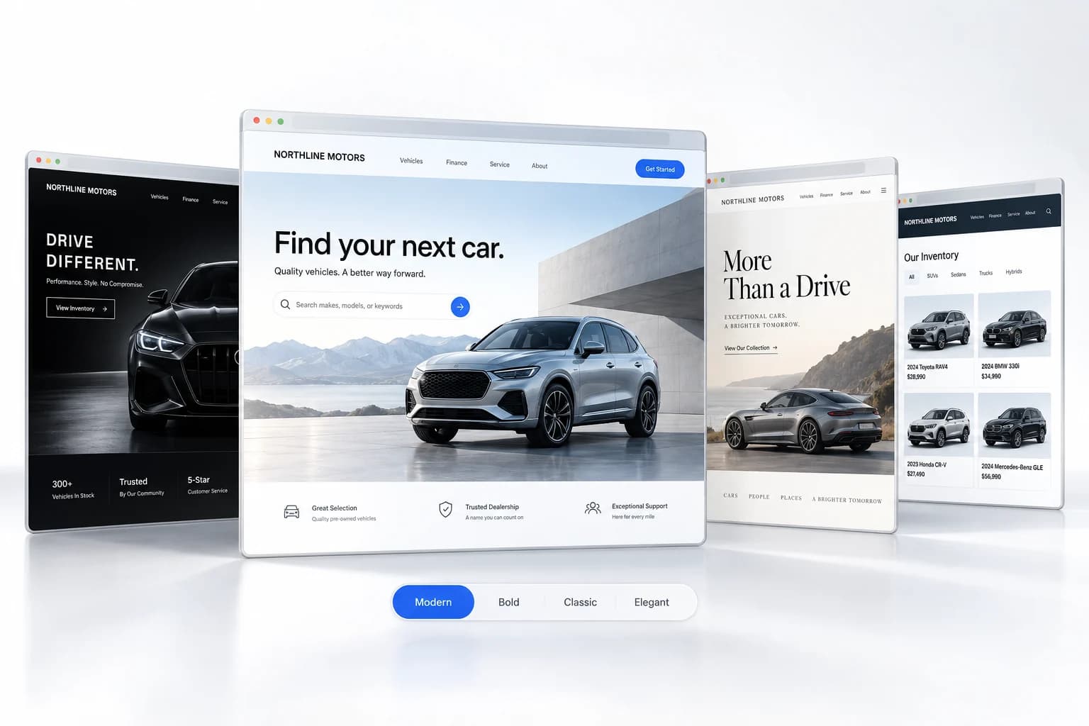 Concept illustration of four distinct dealership website templates, from a bright modern layout to a dark editorial design.